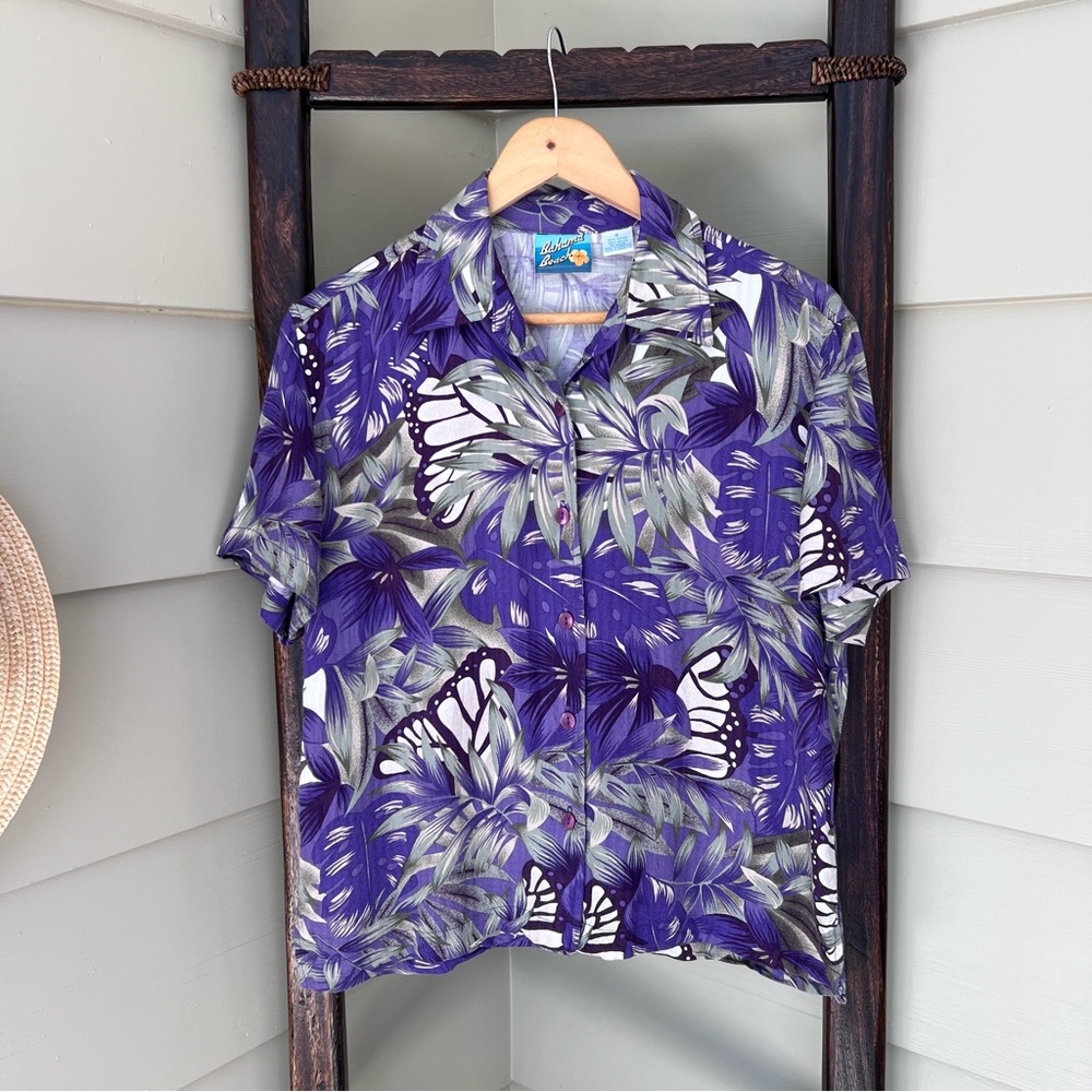 Bahama Beach Vintage ButtonUp Shirt Tropical Butterfly Rayon Purple Womens Small